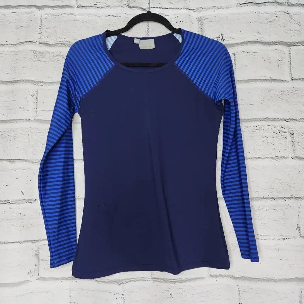 Athleta Striped Long Sleve Swim Shirt Rash Guard Womens Small Blue Water